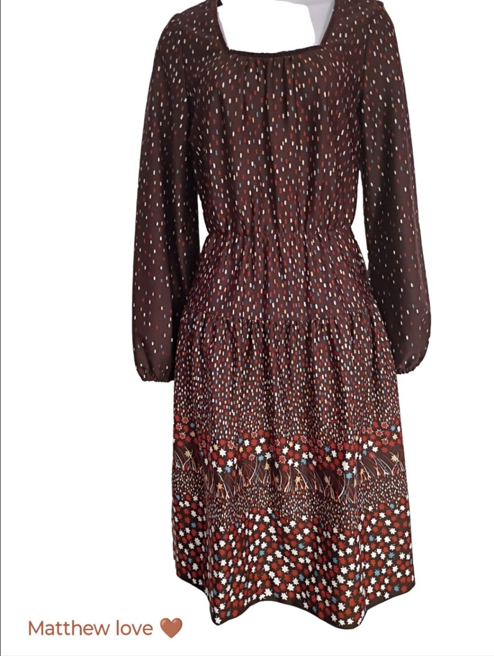 70's Brown Long-Sleeve Printed Tiered Dress Floral